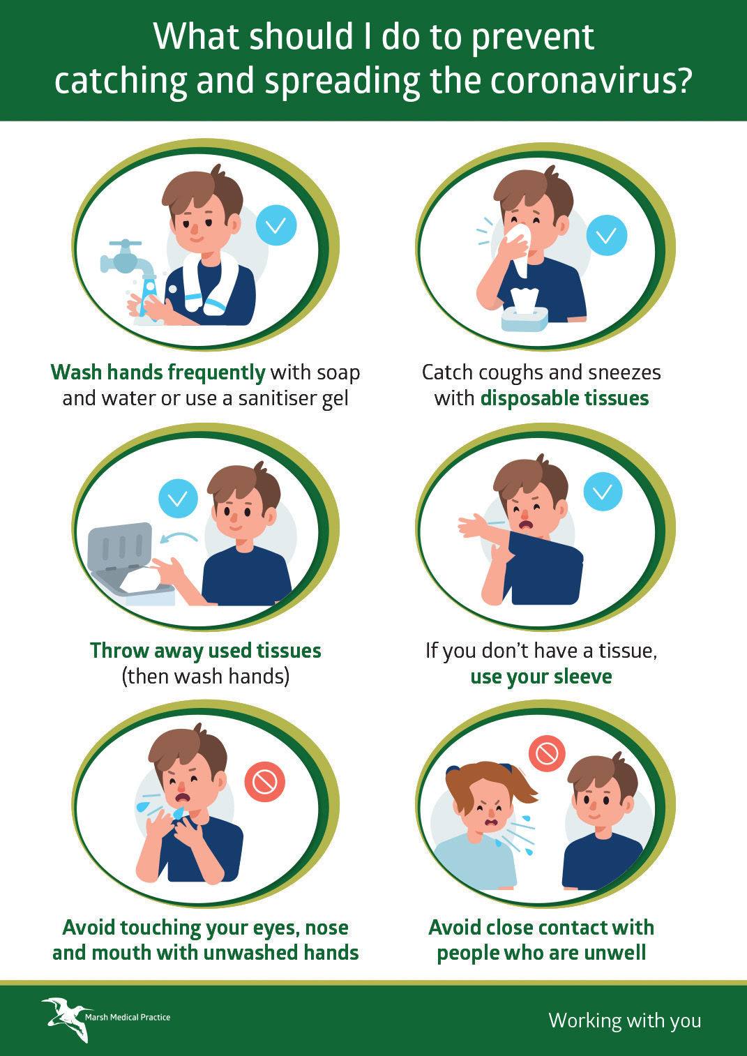 What should I do to prevent catching and spreading the coronavirus? Wash hands frequently with soap and water or use a sanitiser gel. Catch coughs and sneezes with disposable tissues. Throw away used tissues (then wash hands). If you don't have a tissue, use your sleeve. Avoid touching your eyes, nose and mouth with unwashed hands. Avoid close contact with people who are unwell.